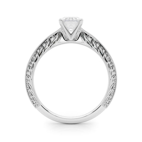 Platinum Emerald Solitaire Milgrain Engraved Band with Four-Prong Setting