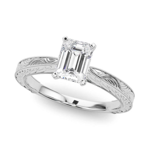 Platinum Emerald Solitaire Milgrain Engraved Band with Four-Prong Setting