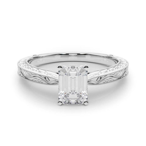 Platinum Emerald Solitaire Milgrain Engraved Band with Four-Prong Setting