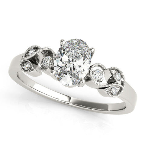 White gold Oval Solitaire Milgrain Leaf Band with Prong Setting