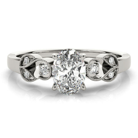 White gold Oval Solitaire Milgrain Leaf Band with Prong Setting