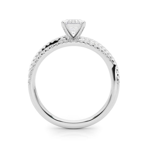 Platinum Radiant Solitaire Twist Band with Pavé Setting and Four-Prong Setting