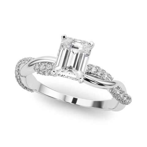 White gold Emerald Solitaire Twist Band with Pave Prong Setting