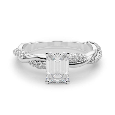 Platinum Emerald Solitaire Twist Band with Pave Prong Setting
