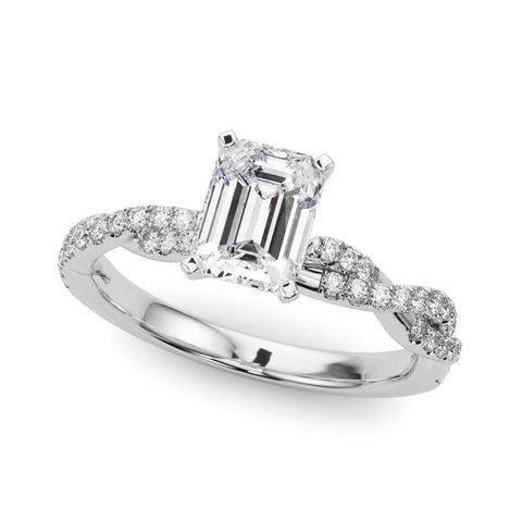 White gold Emerald Solitaire Twisted Pave Band with Four-Prong Setting