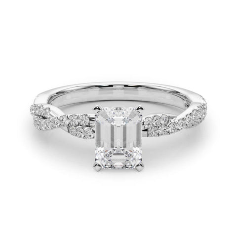 White gold Emerald Solitaire Twisted Pave Band with Four-Prong Setting