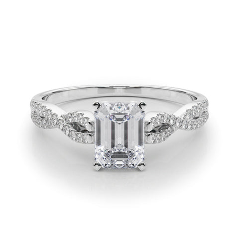 White gold Emerald Solitaire Twisted Pave Diamond Engagement Ring with Four-Prong Setting