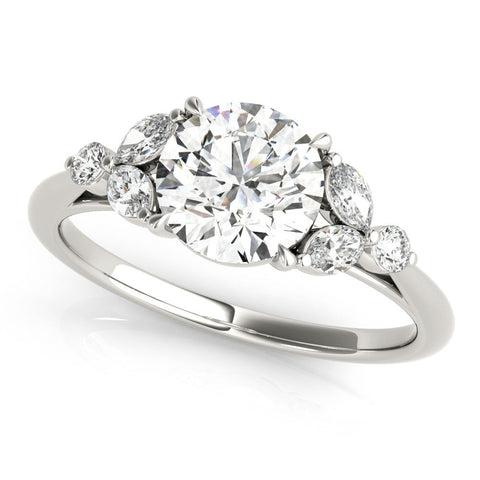 Platinum Round Brilliant Cluster Diamond Ring with Marquise and Round Cut Stones on a Classic Band with Four-Prong Setting