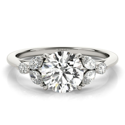 White gold Round Brilliant Cluster Diamond Ring with Marquise and Round Cut Stones on a Classic Band with Four-Prong Setting
