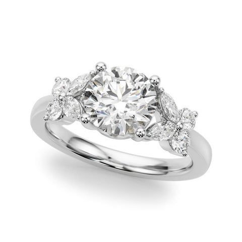 White gold Round Brilliant Diamond Floral Cluster Solitaire with Marquise and Pear Accents in Four-Prong Setting