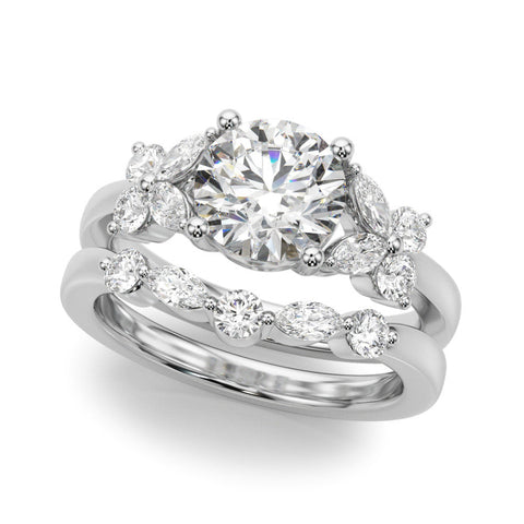 White gold Round Brilliant Diamond Floral Cluster Solitaire with Marquise and Pear Accents in Four-Prong Setting