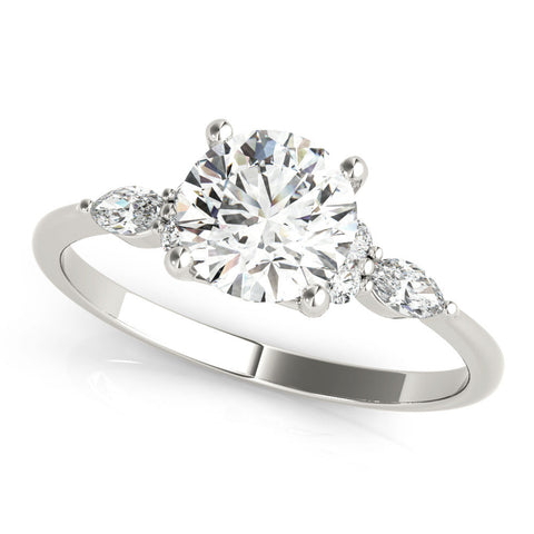 White gold Round Brilliant Diamond Solitaire Ring with Pear Side Stones and Four-Prong Setting
