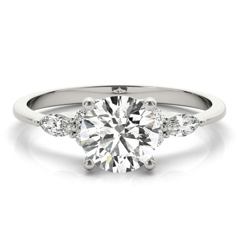 White gold Round Brilliant Diamond Solitaire Ring with Pear Side Stones and Four-Prong Setting