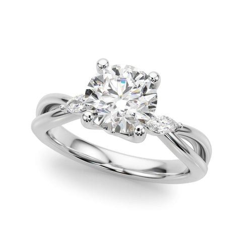 White gold Round Brilliant Diamond Solitaire with Marquise Side Stones on a Twisted Band and Four-Prong Setting