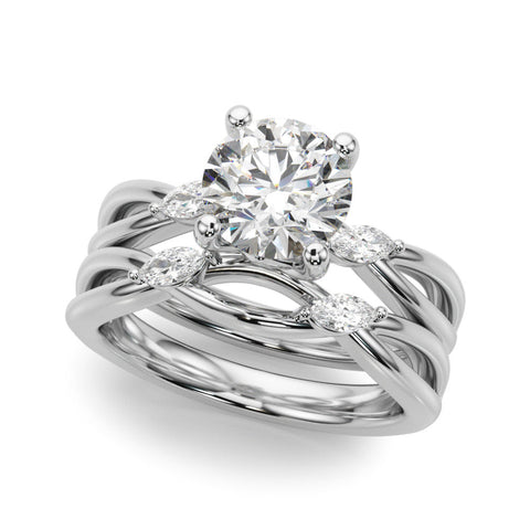 Platinum Round Brilliant Diamond Solitaire with Marquise Side Stones on a Twisted Band and Four-Prong Setting