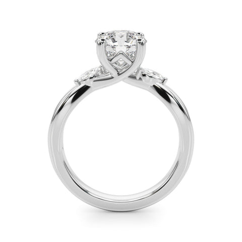 Platinum Round Brilliant Diamond Solitaire with Marquise Side Stones on a Twisted Band and Four-Prong Setting