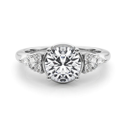 Platinum Round Brilliant Diamond Solitaire with Side Stones on a Tapered Band and Four-Prong Setting
