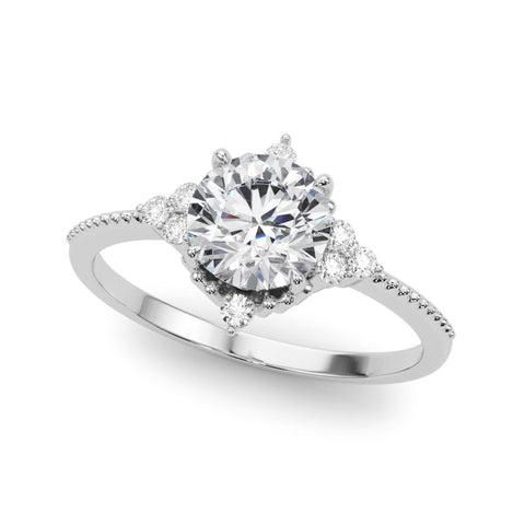 White gold Round Brilliant Diamond with Cluster Setting on a Beaded Band and Four-Prong Setting