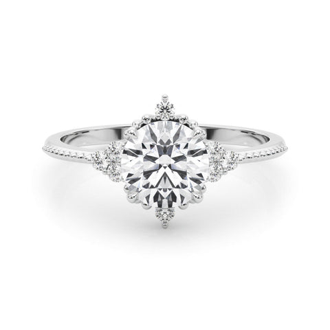 Platinum Round Brilliant Diamond with Cluster Setting on a Beaded Band and Four-Prong Setting