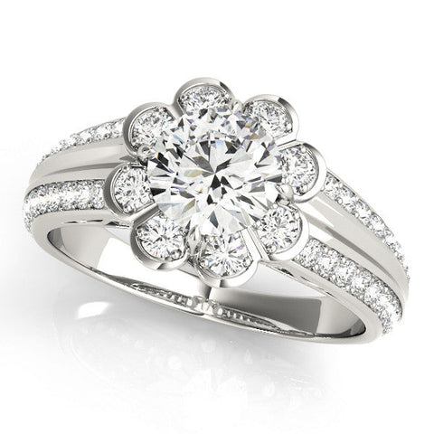 Platinum Round Brilliant Flower Halo Diamond Split Shank Ring