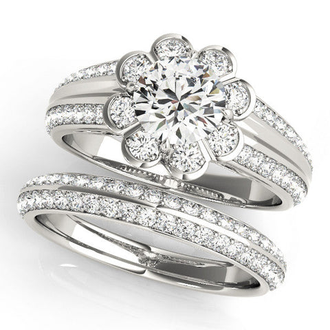Platinum Round Brilliant Flower Halo Diamond Split Shank Ring