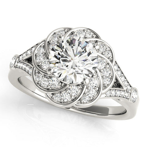 Platinum Round Brilliant Halo Floral Diamond Engagement Ring with Pave Band and Prong Setting