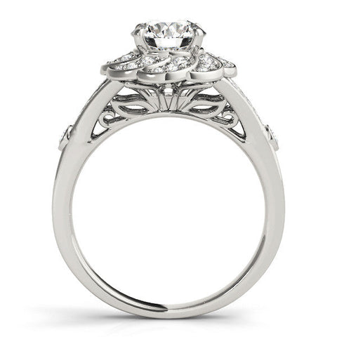 White gold Round Brilliant Halo Floral Diamond Engagement Ring with Pave Band and Prong Setting