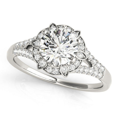 White gold Round Brilliant Halo Flower Split Shank Prong Setting Ring