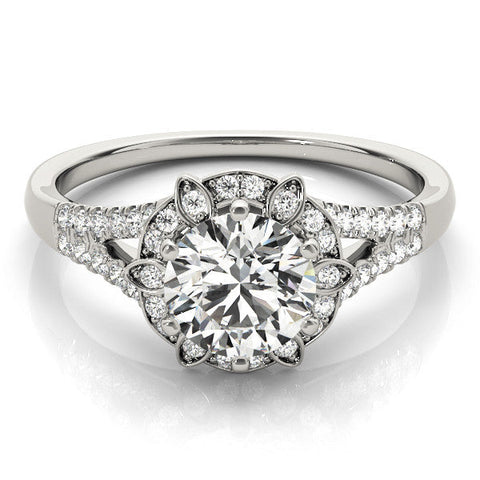 Platinum Round Brilliant Halo Flower Split Shank Prong Setting Ring