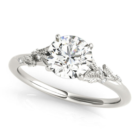 Platinum Round Brilliant Solitaire with Leaf Motif Band and Four-Prong Setting