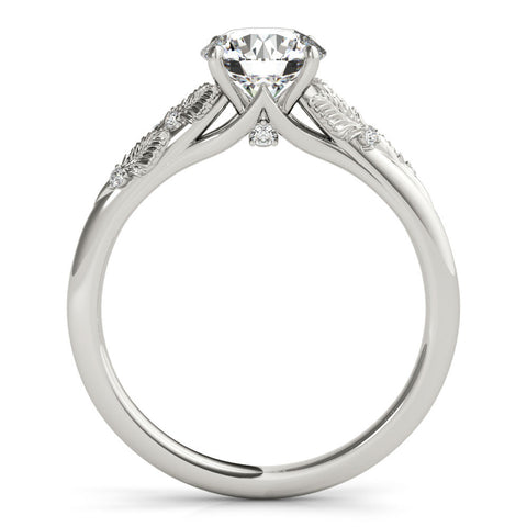 Platinum Round Brilliant Solitaire with Leaf Motif Band and Four-Prong Setting
