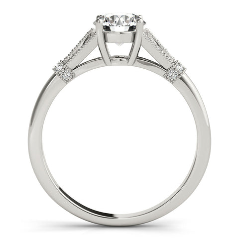 White gold Round Brilliant Solitaire with Pave Band and Four-Prong Setting