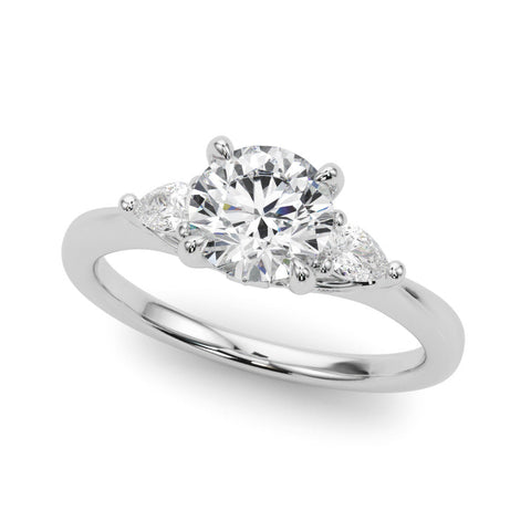 Platinum Round Brilliant Three-Stone Ring with Pear Side Stones and Four-Prong Setting