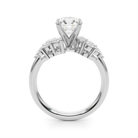 Platinum Round Cluster Diamond Engagement Ring with Pavé Band and Four-Prong Setting