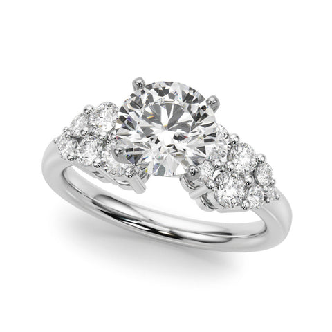 White gold Round Cluster Diamond Engagement Ring with Pavé Band and Four-Prong Setting