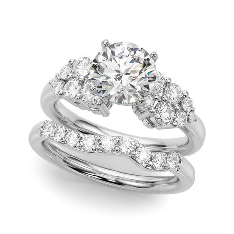 White gold Round Cluster Diamond Engagement Ring with Pavé Band and Four-Prong Setting