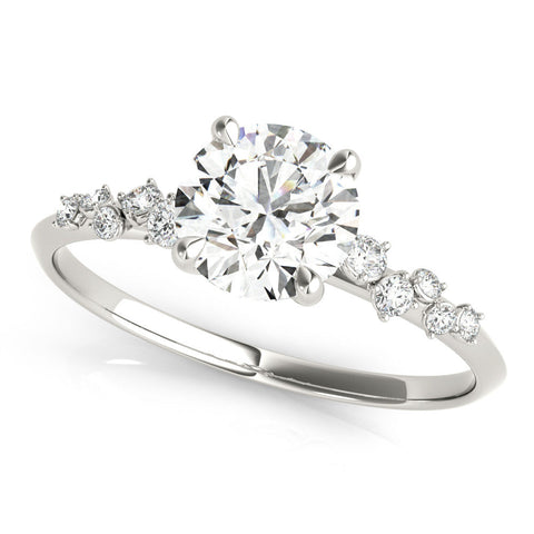 White gold Round Cut Diamond Cluster Side Stone Solitaire Ring with Prong Setting