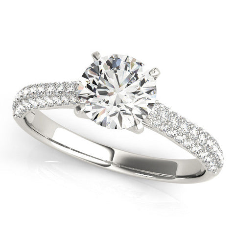 White gold Round Cut Diamond Pavé Band Solitaire Ring with Four-Prong Setting