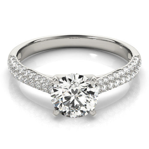 White gold Round Cut Diamond Pavé Band Solitaire Ring with Four-Prong Setting