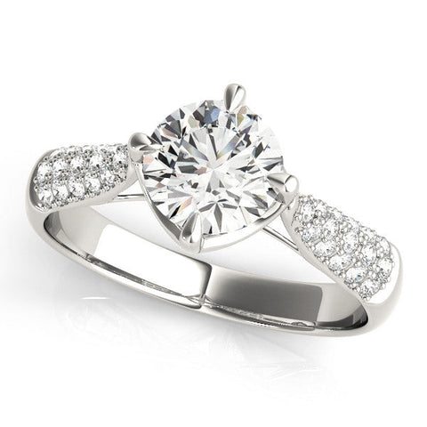 White gold Round Cut Diamond Solitaire with Pave Band and Four-Prong Setting