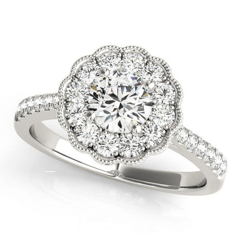 Platinum Round Cut Halo Diamond Engagement Ring with Pavé Band and Four-Prong Setting
