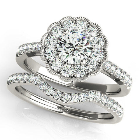 Platinum Round Cut Halo Diamond Engagement Ring with Pavé Band and Four-Prong Setting