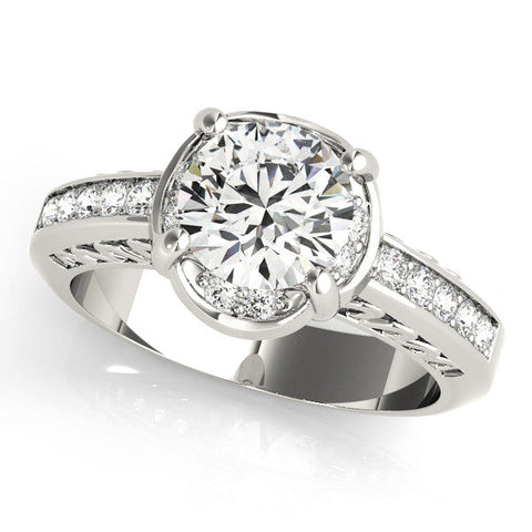 White gold Round Cut Halo Diamond Ring with Channel Set Band and Four-Prong Setting