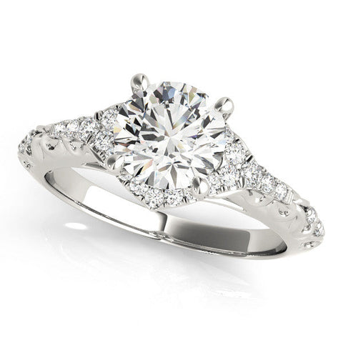 White gold Round Cut Solitaire Diamond Ring with Pave Band and Four-Prong Setting