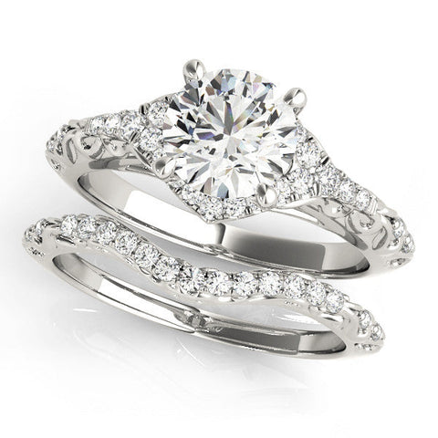 Platinum Round Cut Solitaire Diamond Ring with Pave Band and Four-Prong Setting