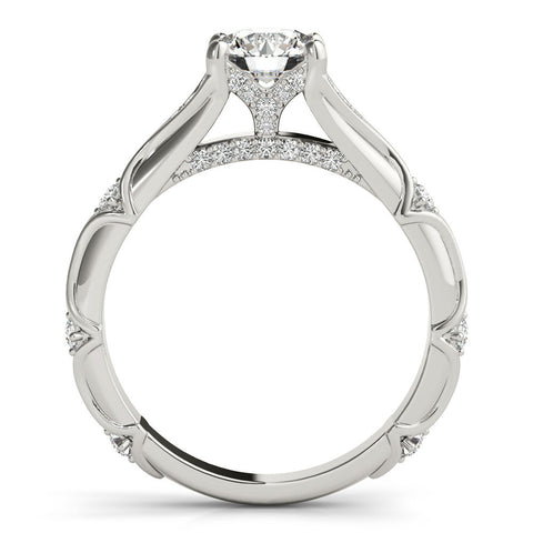 Platinum Round Cut Solitaire Engagement Ring with Pave Band and Four-Prong Setting