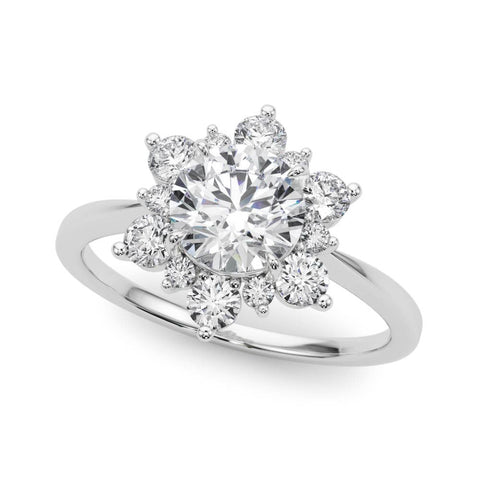 Platinum Round Diamond Cluster Halo Ring with Solitaire Band and Four-Prong Setting