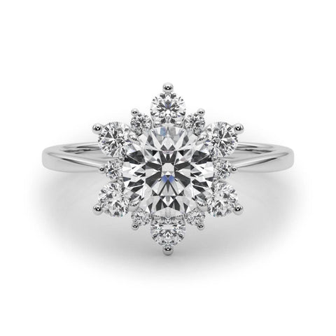 Platinum Round Diamond Cluster Halo Ring with Solitaire Band and Four-Prong Setting