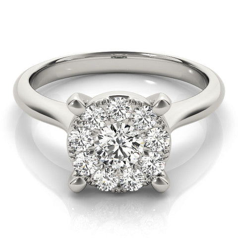 Platinum Round Diamond Cluster Halo Solitaire with Four-Prong Setting