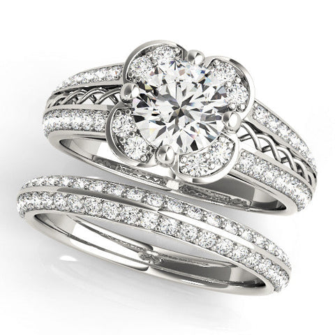 Platinum Round Diamond Floral Halo Split Shank Engagement Ring